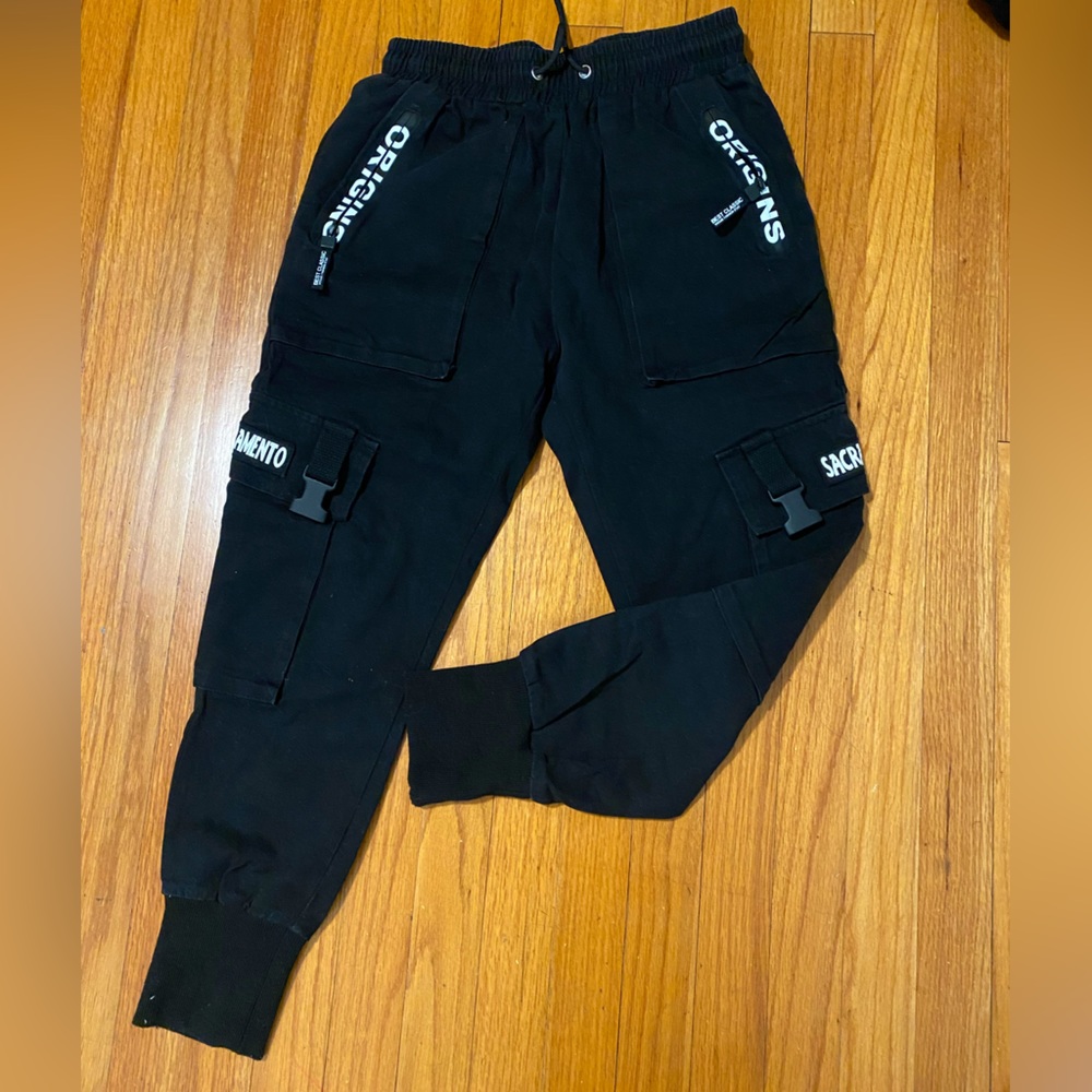 Men Black Harem Pants Multi-pocket Ribbons Streetwear Casual Pants